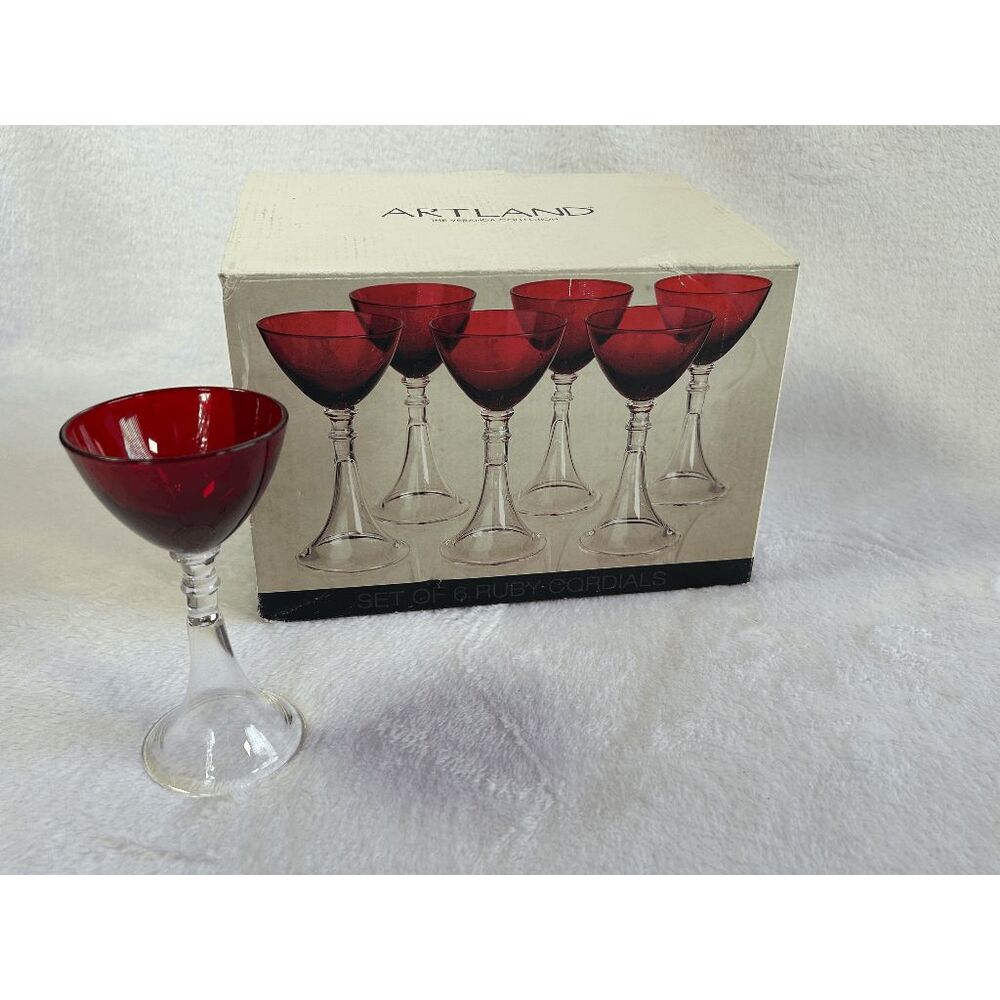 Artland Set of Six 2-ounce Cordial Glasses, Ruby Red w/ Clear Stems, In Box